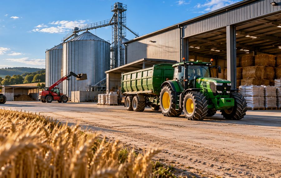 Traktor s vlekem u zemědělské haly a sil